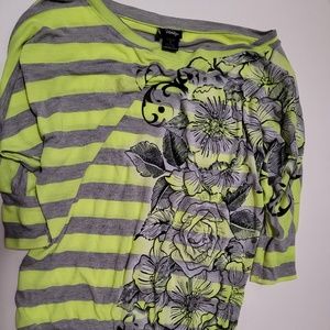 3/4 Sleeve Green and Grey Striped Top